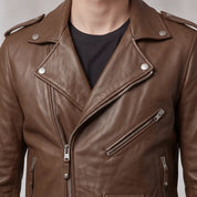 Men's Brown Leather Biker Jacket — Deaville