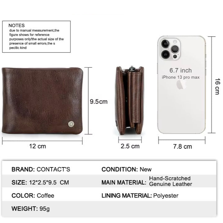 Men’s RFID Blocking Leather Wallet, Card Holder with Zipper Coin Purse