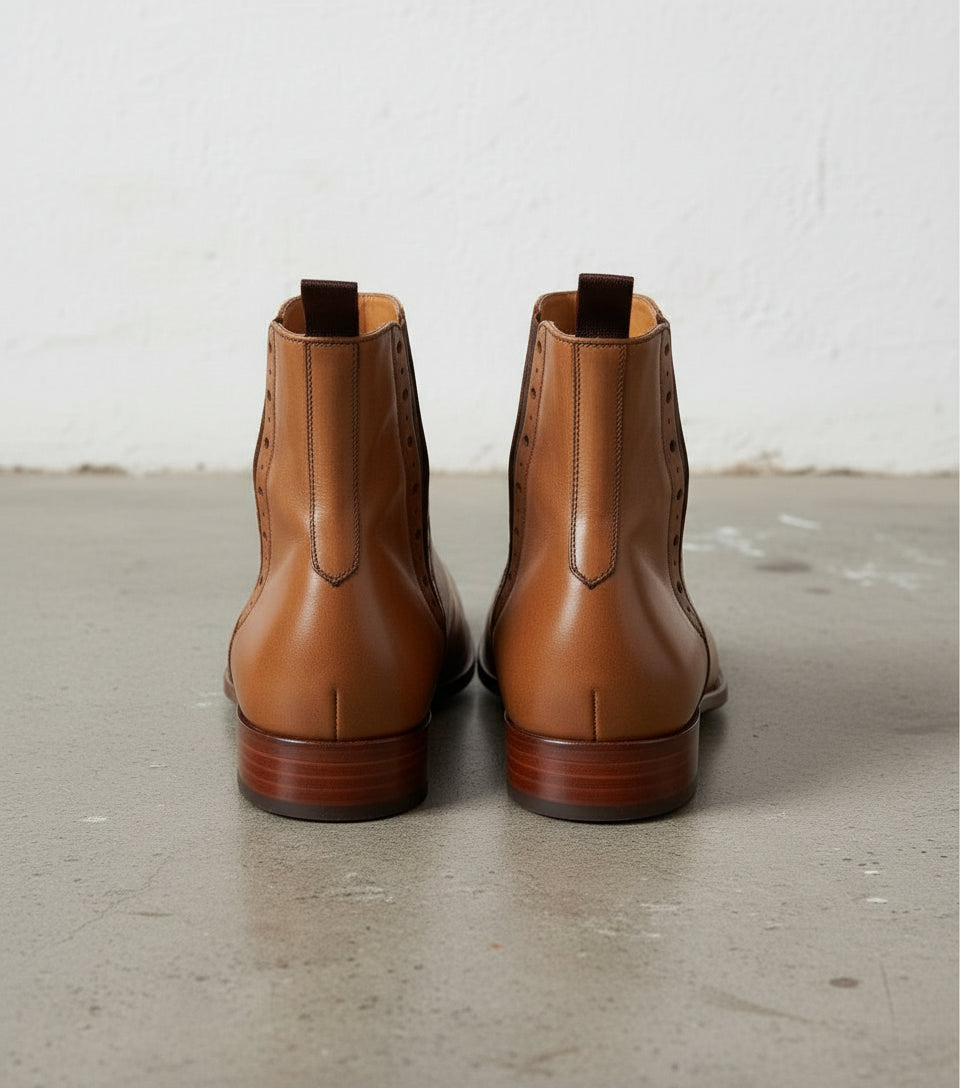 Handmade Men Tan Color Chelsea Brogue Ankle Boots, Ankle Leather Boots