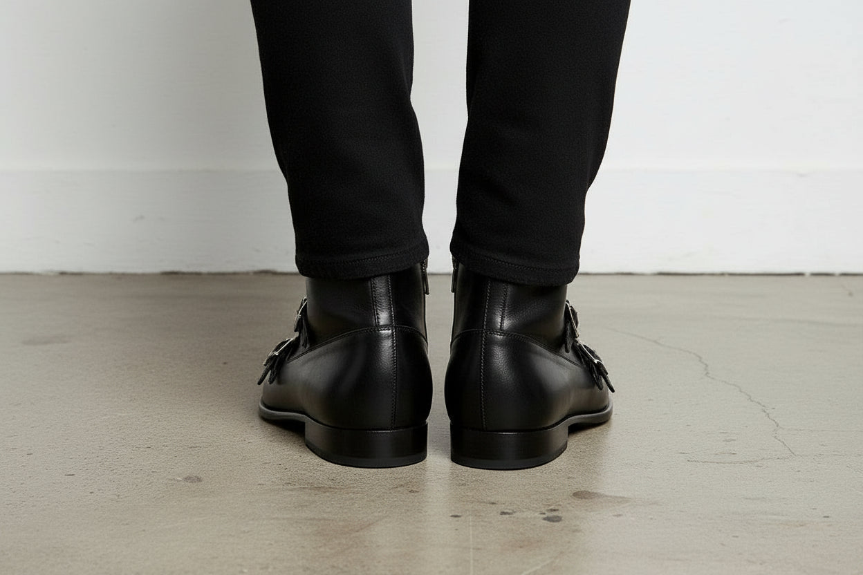 Handcrafted Men's Black Double Monk Ankle Boots with Side Zipper