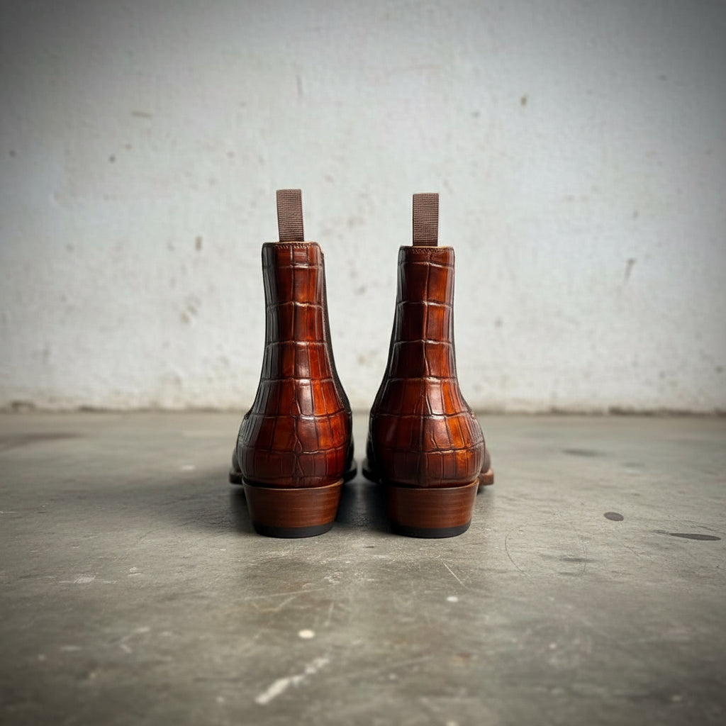 Handcrafted Men's Brown Chelsea Boots with Crocodile Pattern