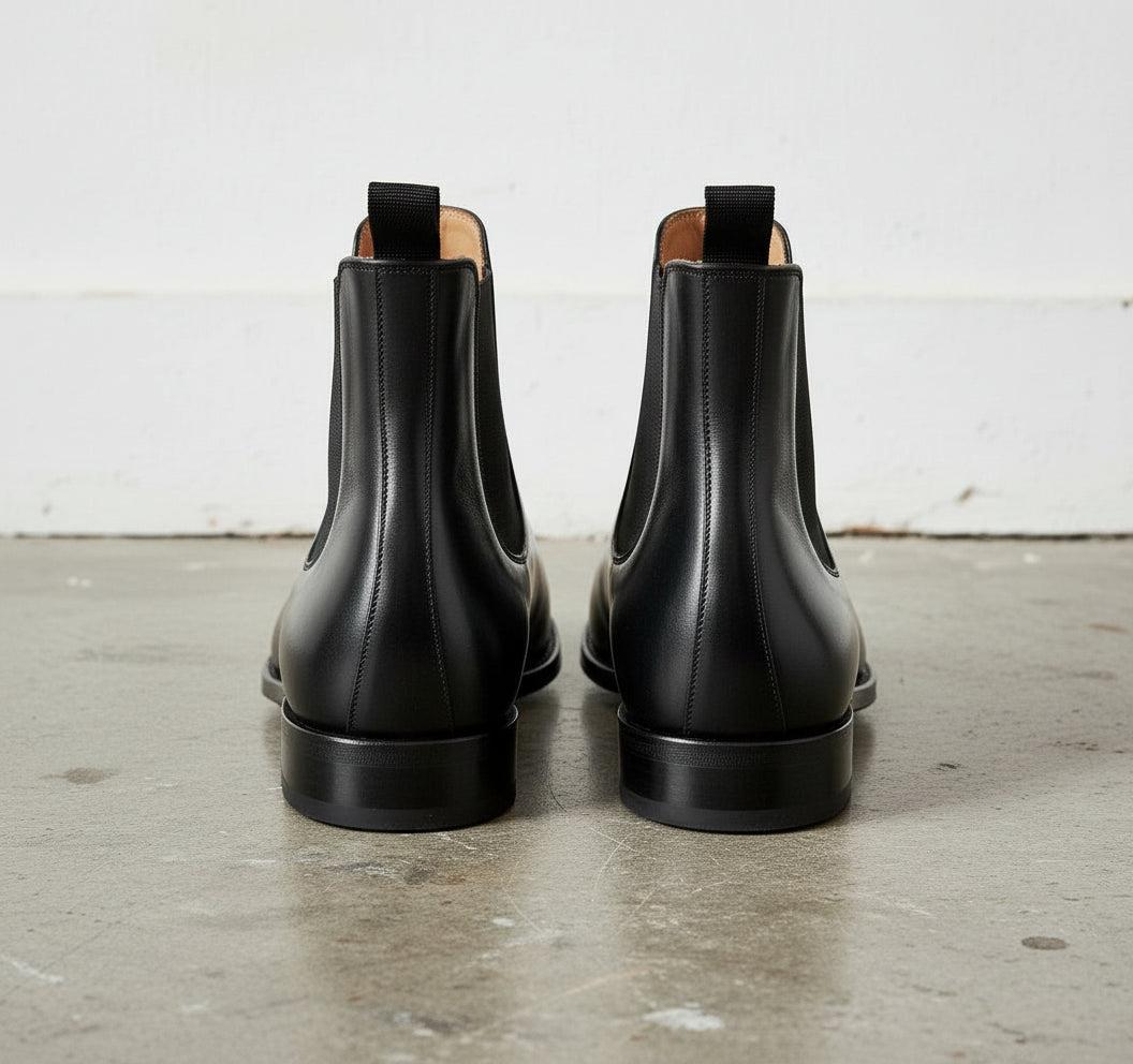 Handmade Men Full-Grain Leather Chelsea Boot Elastic Gore, Black Ankle Boots