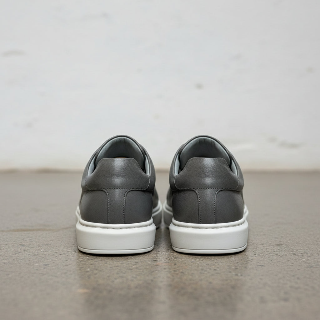 Gray Leather Lace-Up Sneakers for Men