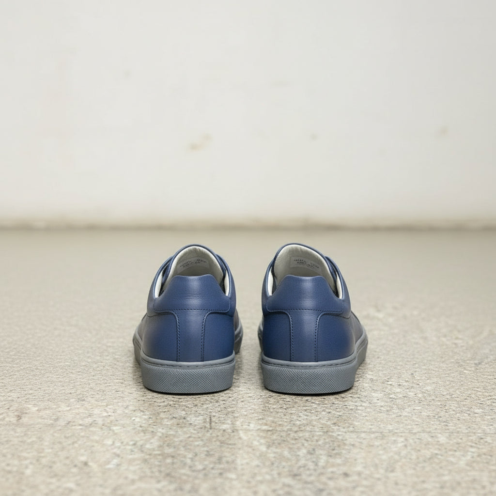 Men's Blue Leather Plain-Toe Sneakers