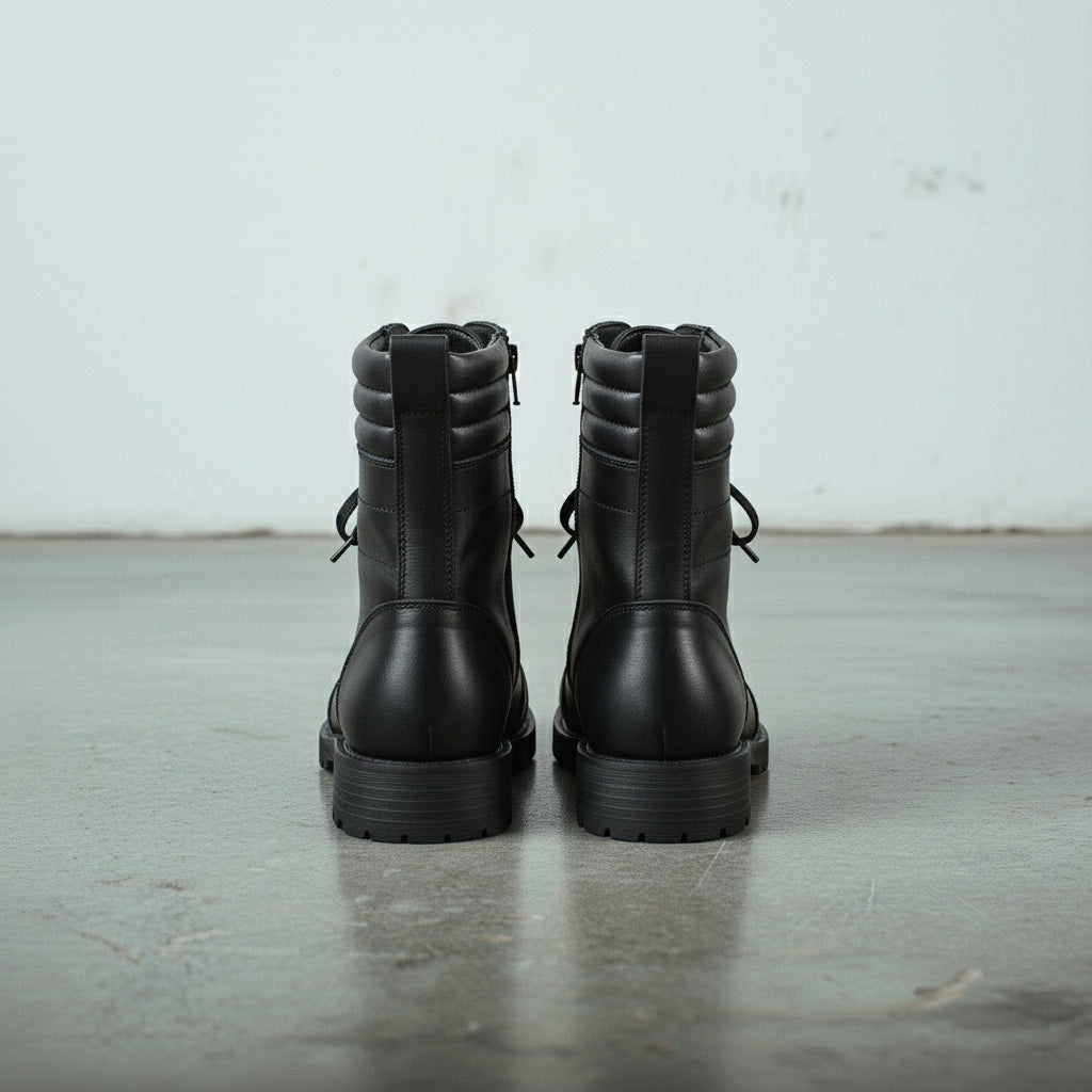 Men's Black Cap-Toe Leather Biker Boots