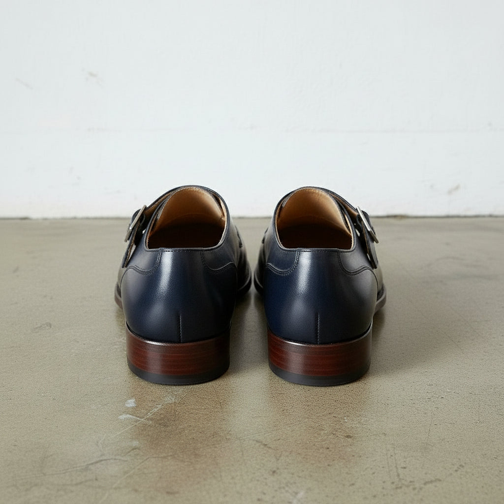 Handmade Men's Navy Blue Leather Monk Dress Shoes