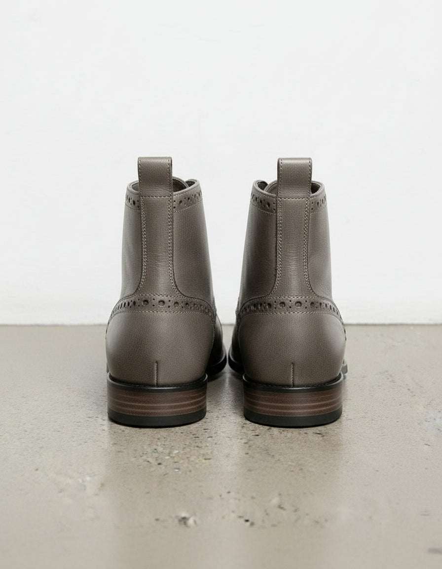 Handmade Men Gray Leather Brogue Ankle High Boots, Lace Up Leather Boot