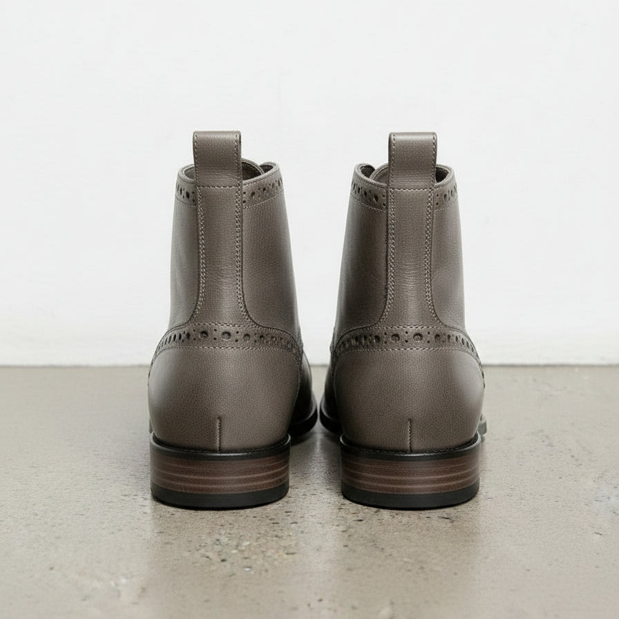 Handmade Men Gray Leather Brogue Ankle High Boots, Lace Up Leather Boot