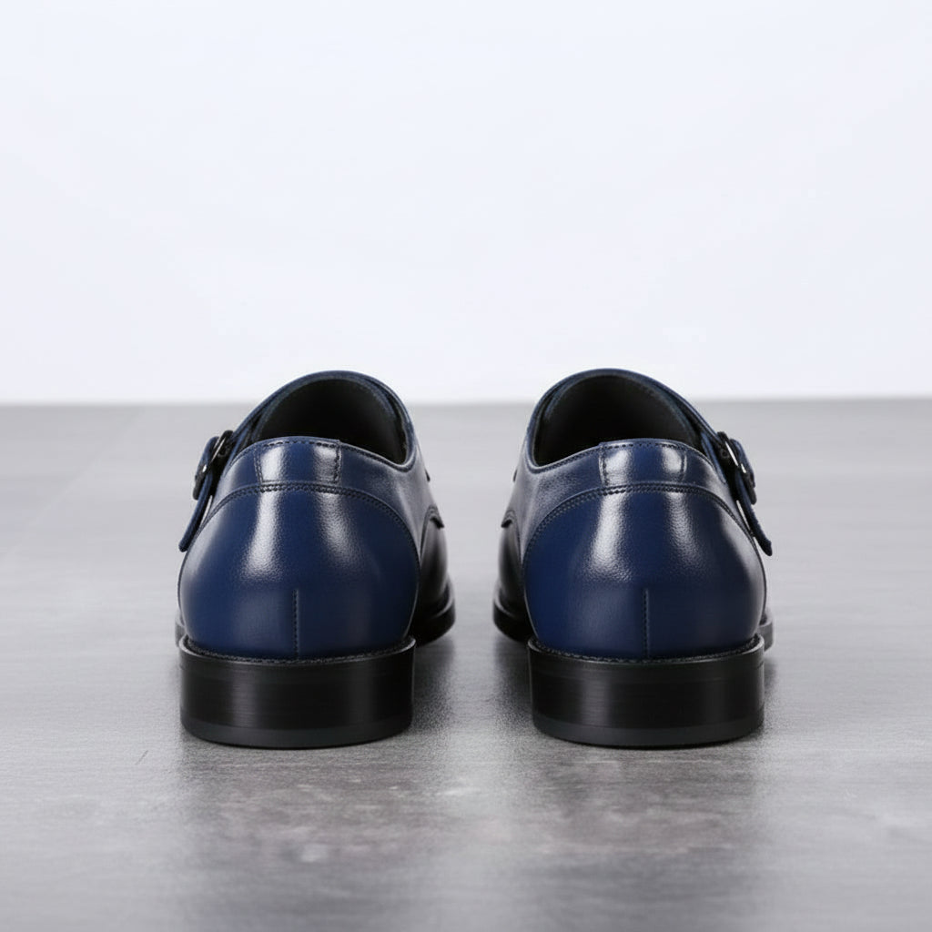 Handcrafted Men's Blue Leather Double Monk Strap Dress Shoes