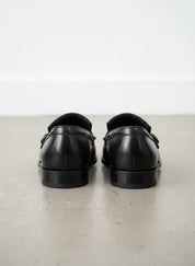 Handcrafted Men's Black Leather Fringe Buckle Loafers