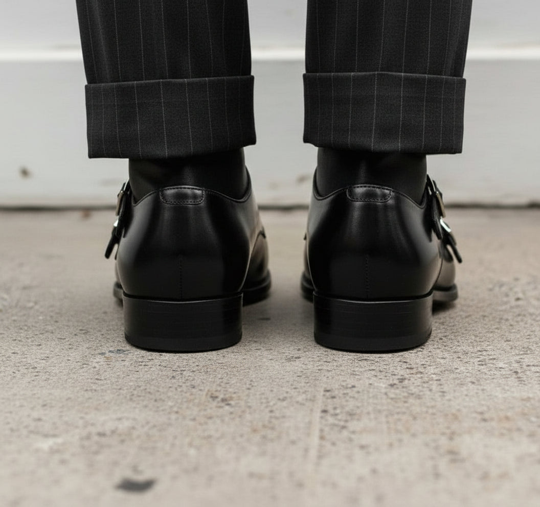 Handmade Men's Black Leather Monk Shoes