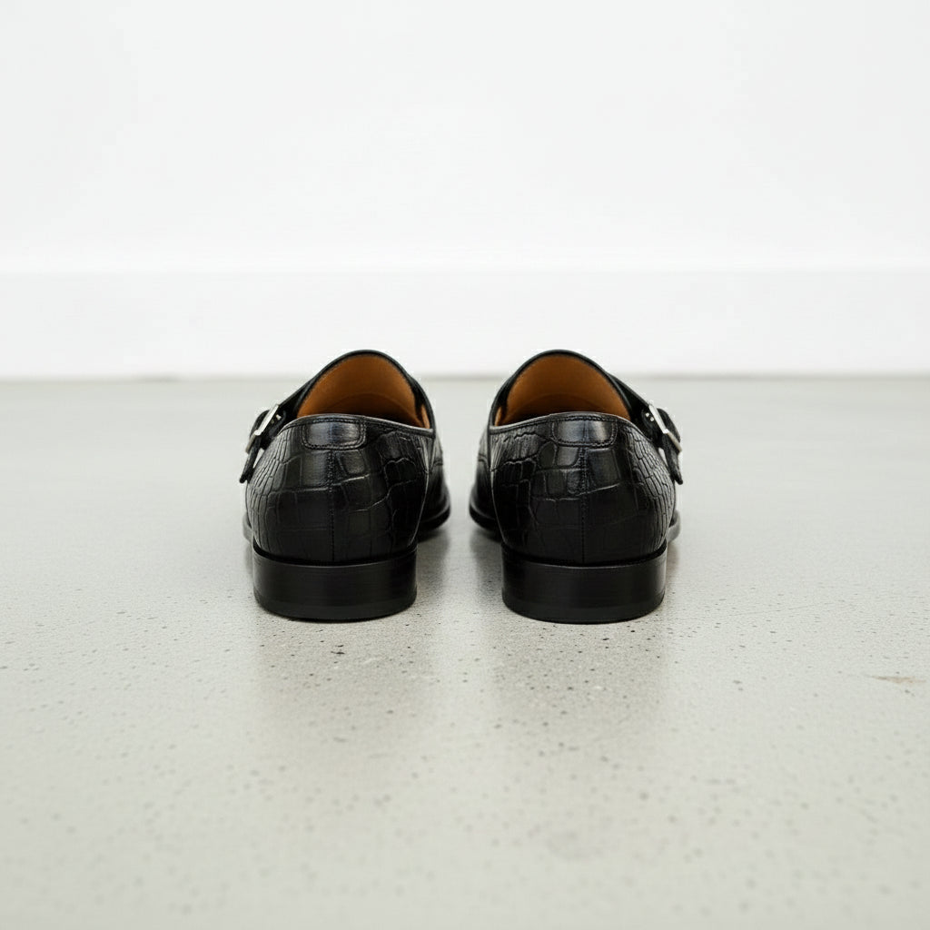 Handcrafted Men's Black Leather Double Monk Shoes with Crocodile Texture