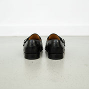 Handcrafted Men's Black Leather Double Monk Shoes with Crocodile Texture