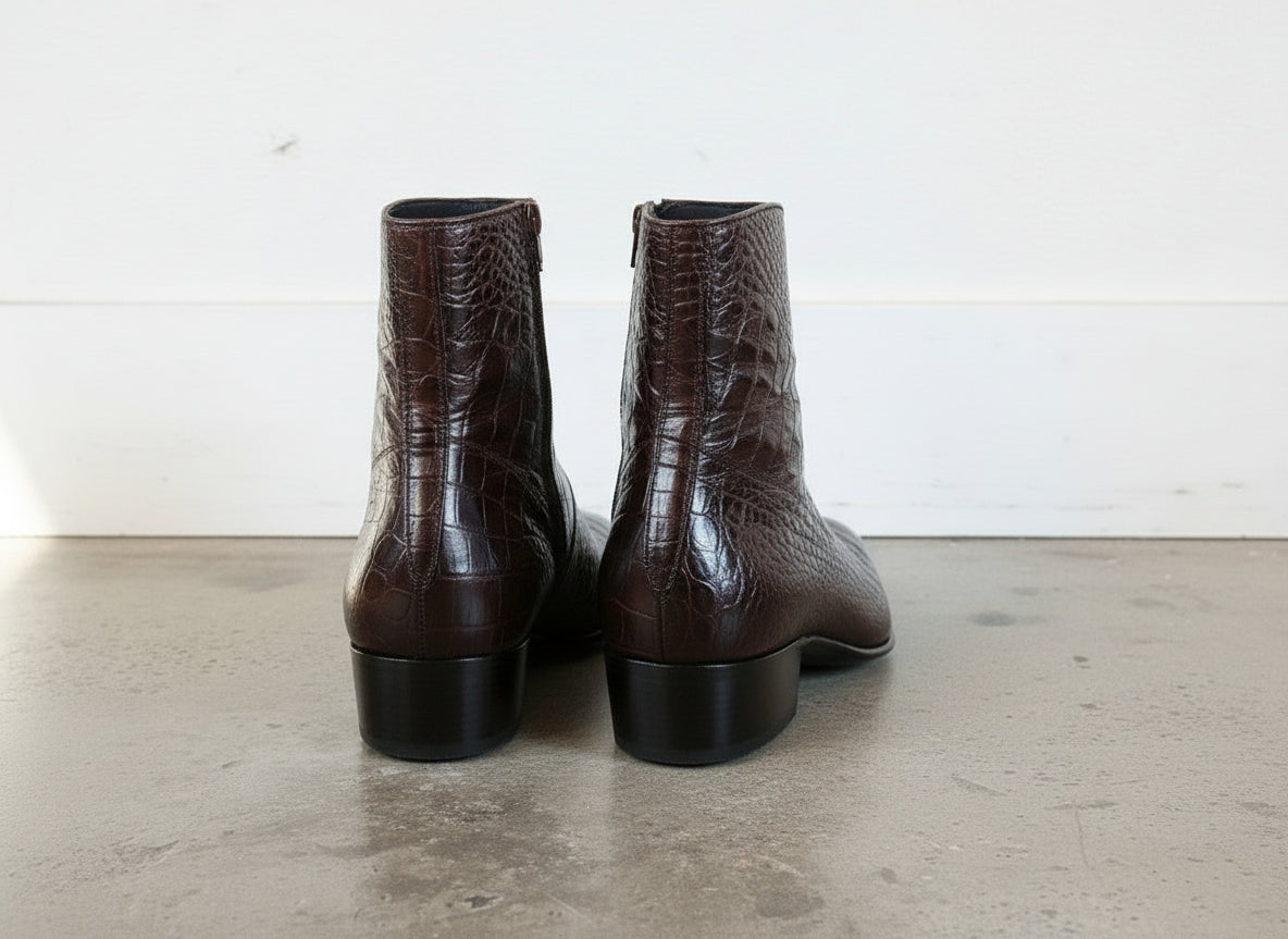 Handmade Men's Brown Classic Alligators  Side Zipper Boots