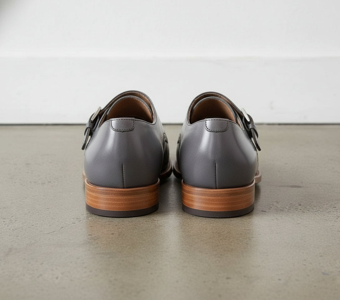 Handcrafted Gray Leather Double Monk Strap Shoes