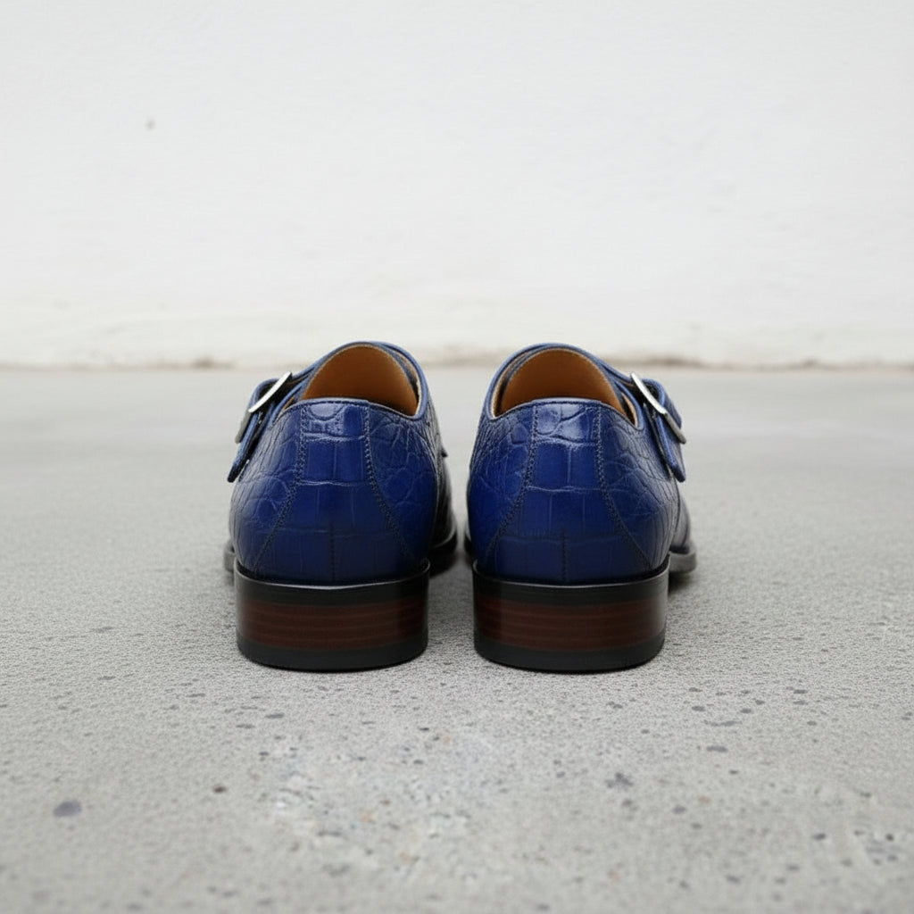 Handmade Men's Blue Crocodile Embossed Monk Dress Shoes