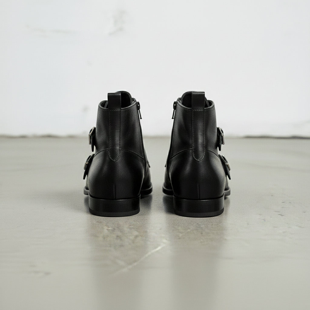 Handcrafted Men's Black Double Monk with Side Zipper Ankle Boots