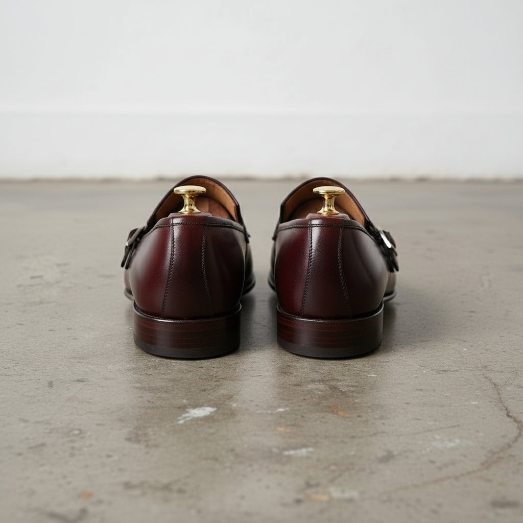 Handmade Men Brown Leather Double Monk Shoes with Fringes, Western Shoes
