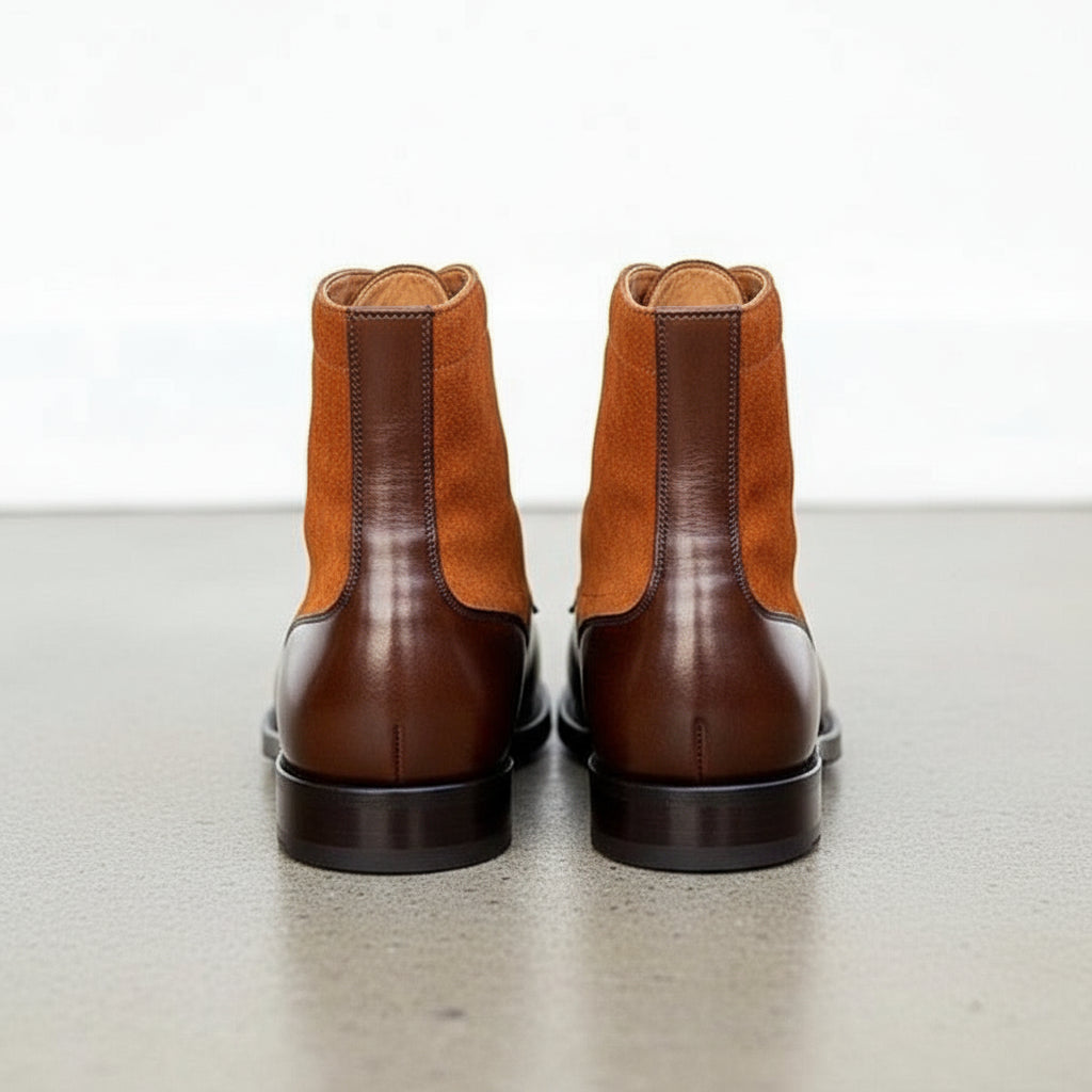 Handcrafted Brown Leather and Tan Suede Lace-up Ankle Boots for Men