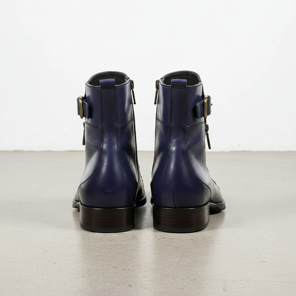 Handmade Men's Blue Leather High Ankle Boots with Side Zipper