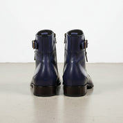 Handmade Men's Blue Leather High Ankle Boots with Side Zipper