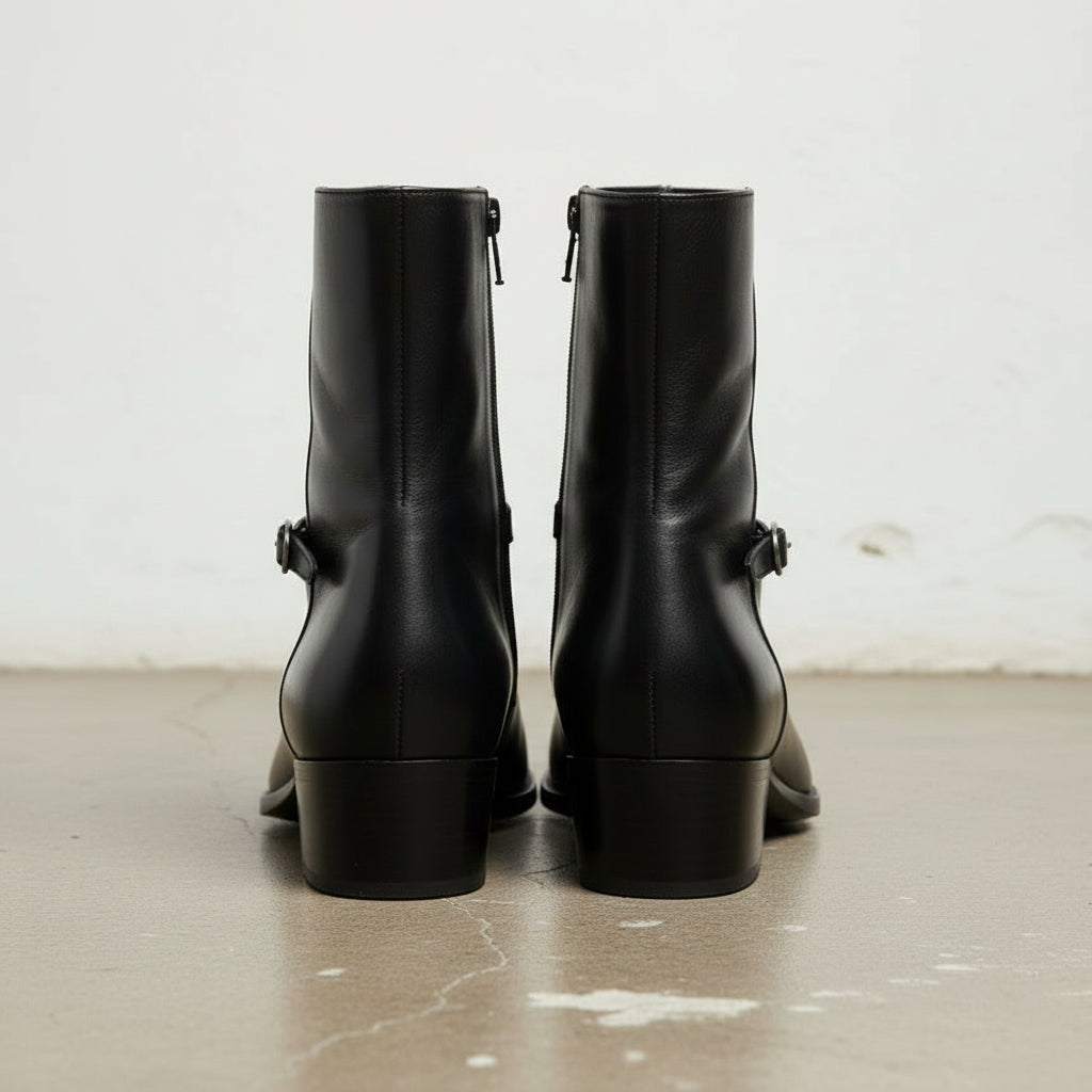 Handmade Men's Black Leather Ankle Boots with Side Zip