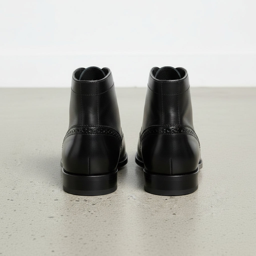 Handmade Men's Black Leather Ankle Brogue Dress Boots