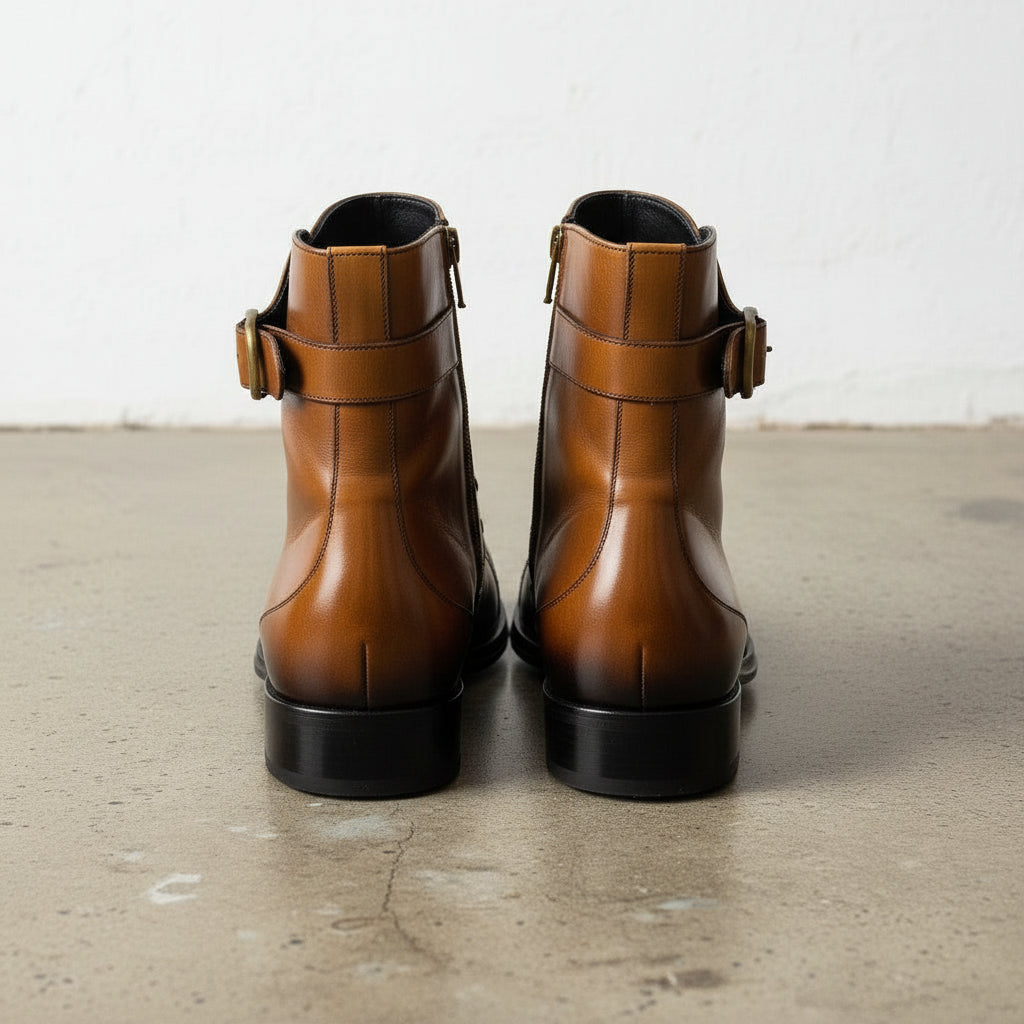 Handmade Men's Dark Tan Leather High Ankle Strap Boots
