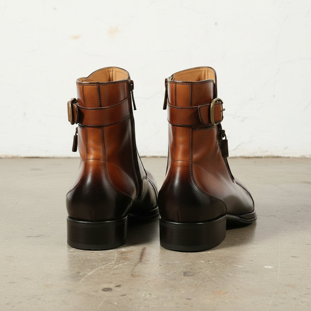 Handmade Men's Dark Brown Leather High Ankle Strap Boots with Zipper