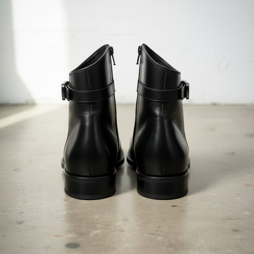 Handmade Men's Black Leather Ankle Boots with Side Zip
