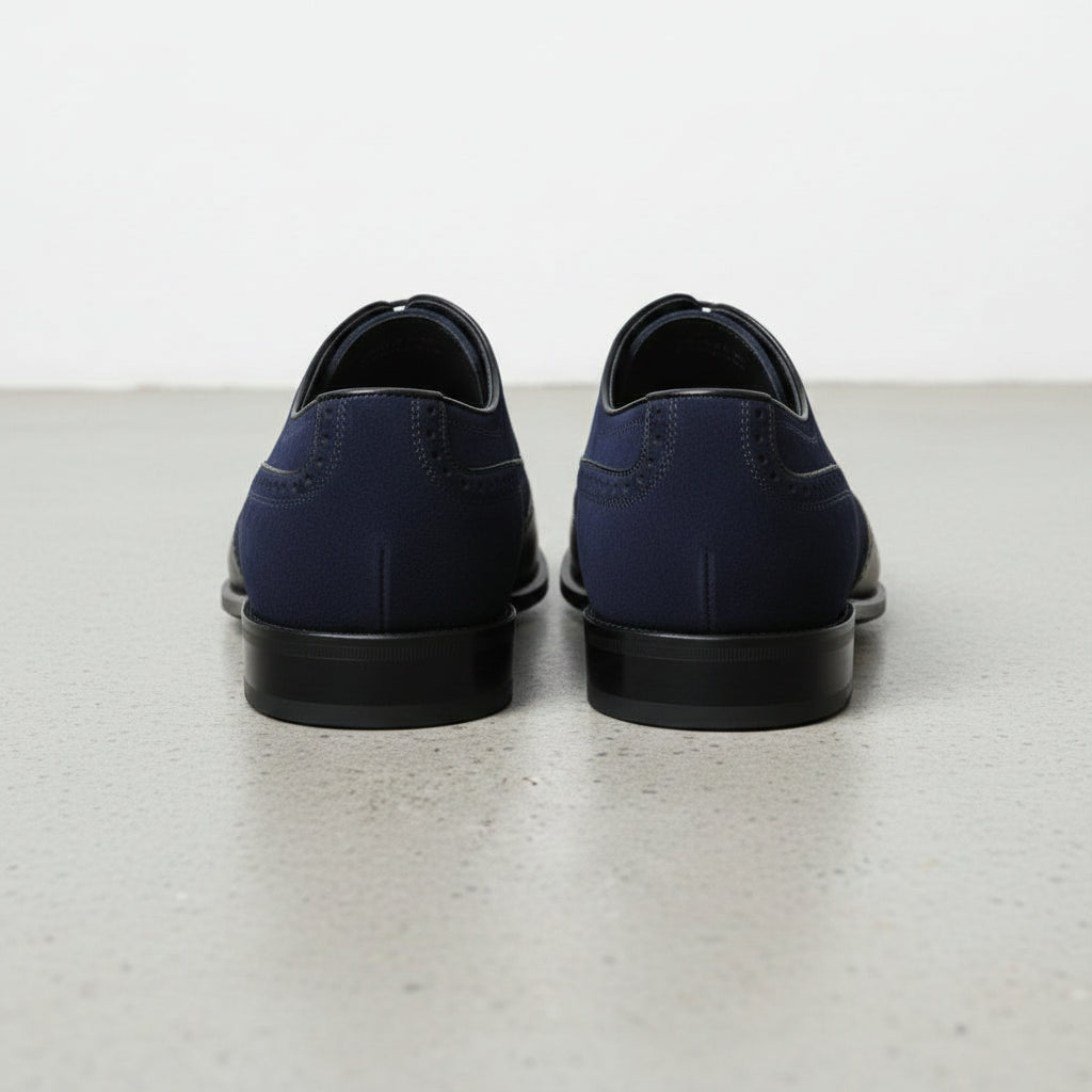 Handcrafted Men's Two-tone Wingtip Dress Shoes in Black and Blue Suede