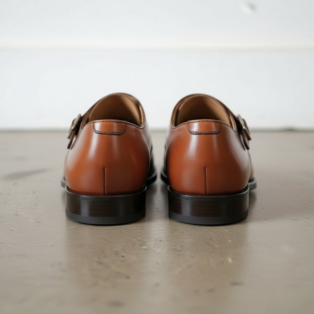 Handmade Men's Tan Brown Leather Double Monk Dress Shoes