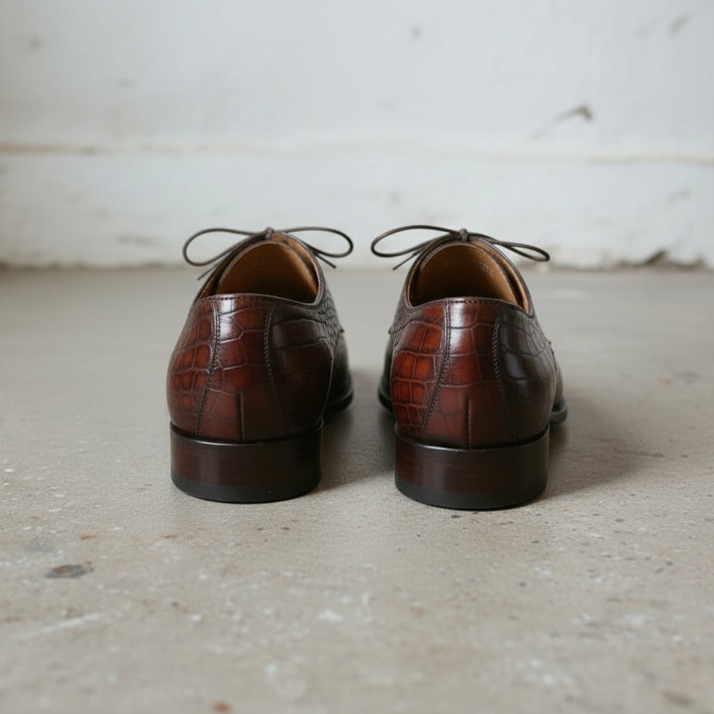 Brown Crocodile-Embossed Leather Derby Shoes — Brockett