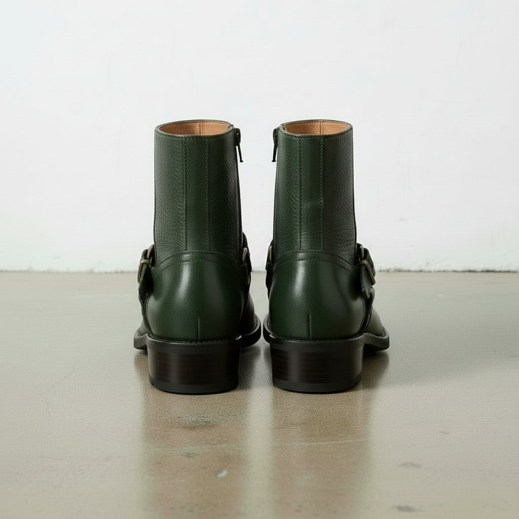 Women's Handmade Dark Green Artisan Moto- Harness Leather Ankle Boots