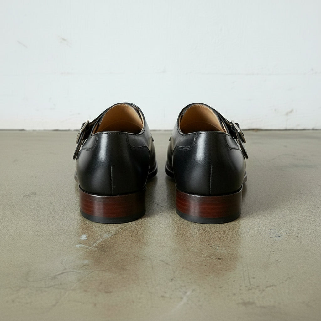 Men's Black Apron-Toe Leather Monk Strap Shoes