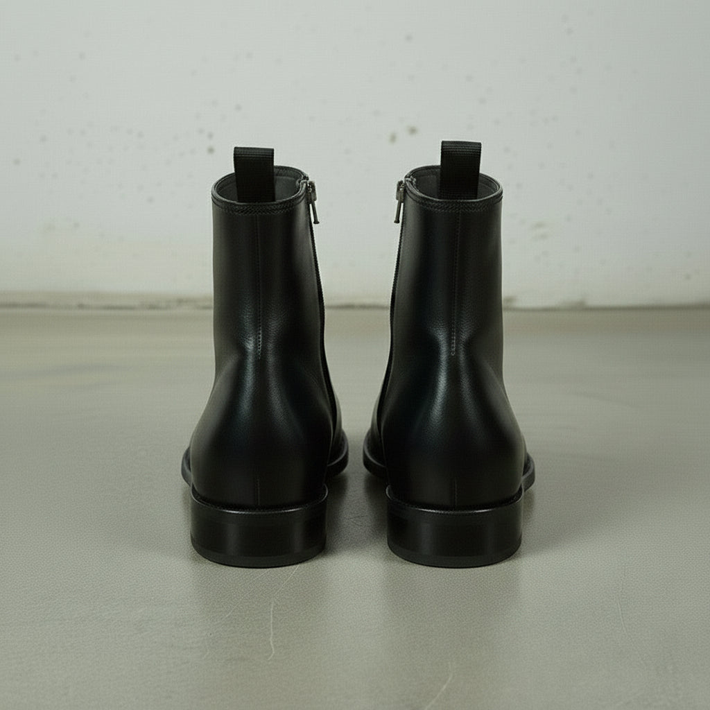 Men's Black Full-Grain Leather High Ankle Boots with Side Zippers