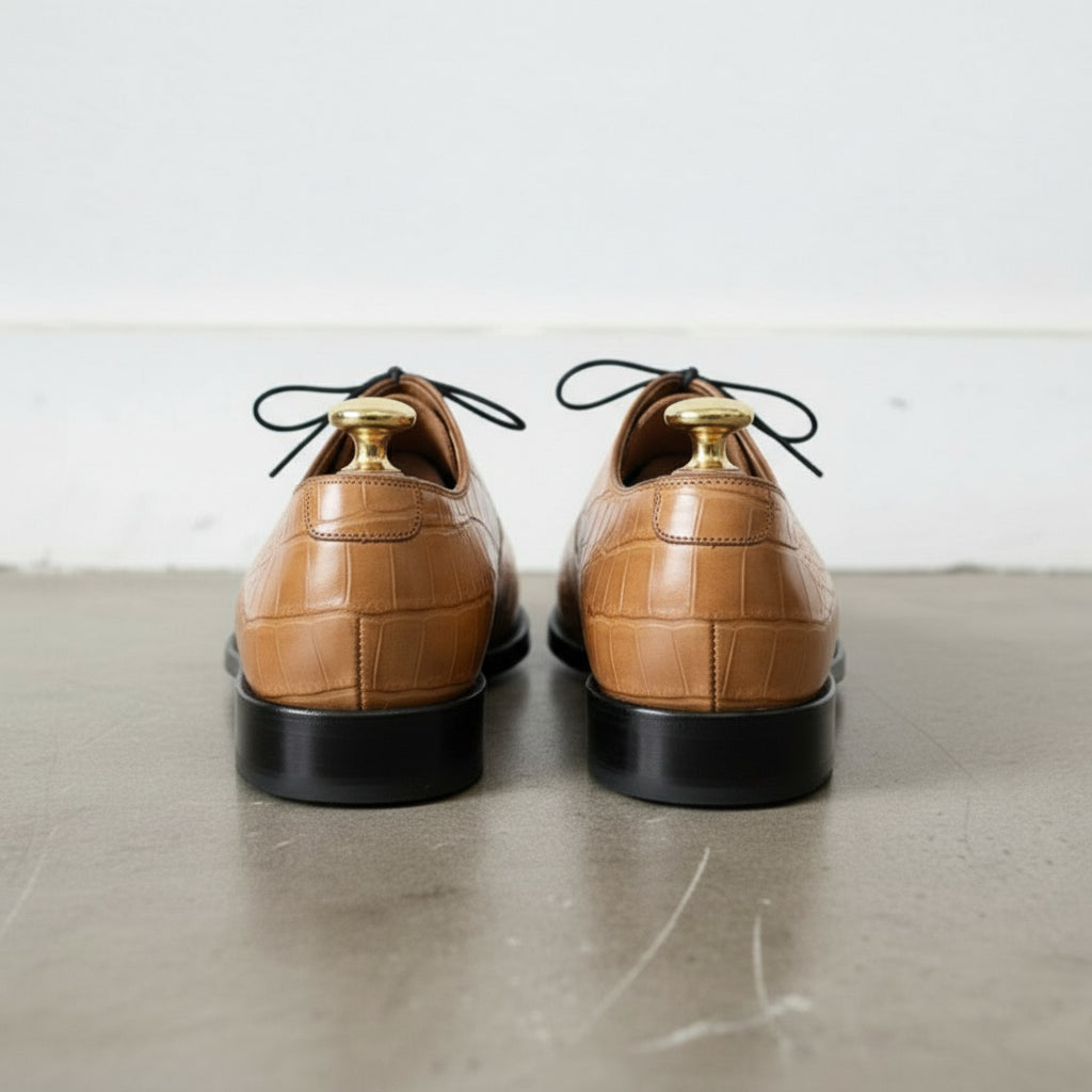 Men's Tan Crocodile-Embossed Leather Oxfords