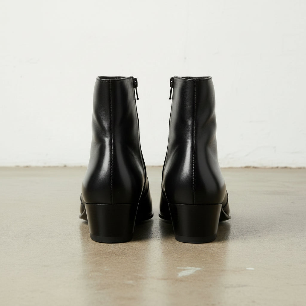 Men's Black High Heel Zipper Full-Grain Leather Dress Boots