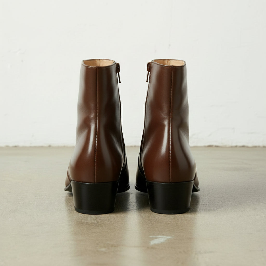 Men's Brown High Heel Zipper Full-Grain Leather Dress Boots