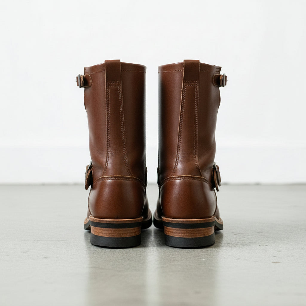 Men's Brown Plain-Toe Leather Biker Boots