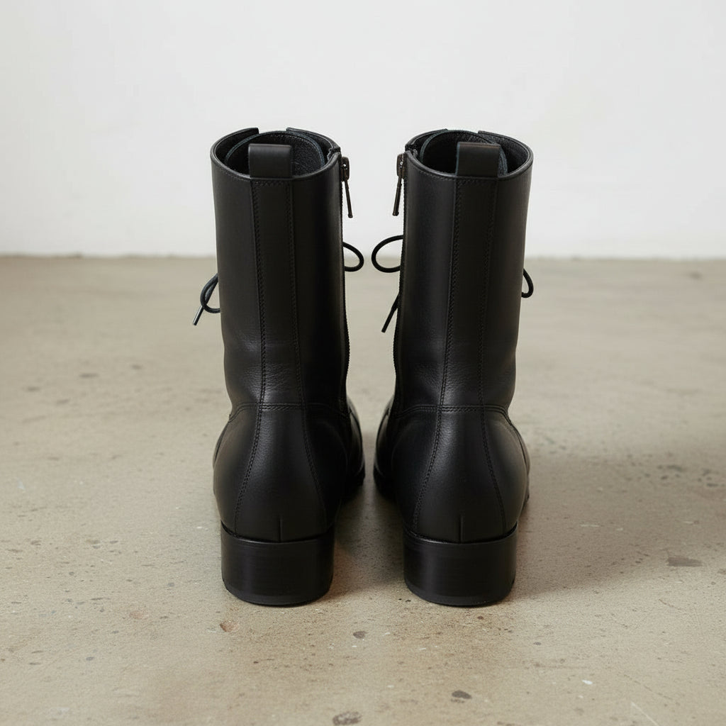 Men's Black Cap-Toe Leather Knee-High Lace-Up Boots