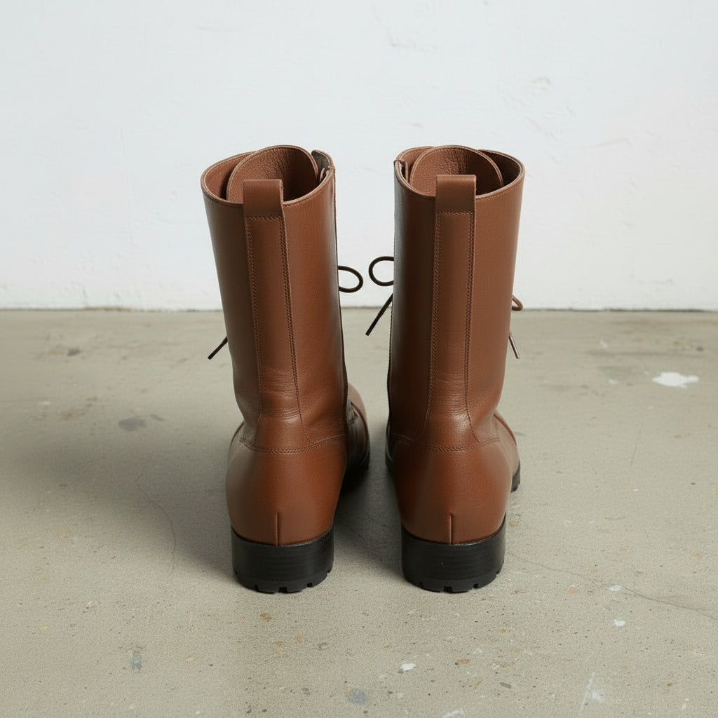 Men's Brown Cap-Toe Leather Knee-High Lace-Up Boots