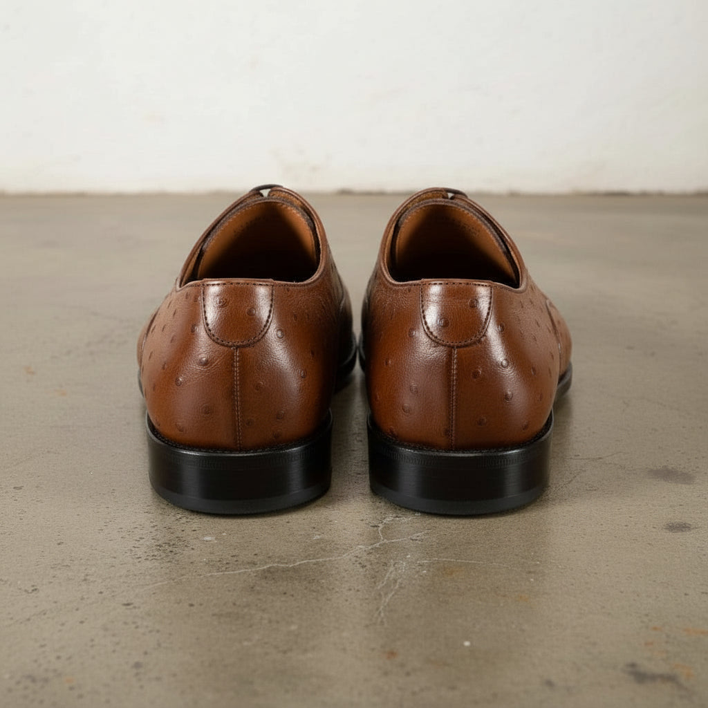 Men's Brown Cap-Toe Ostrich-Embossed Leather Oxfords