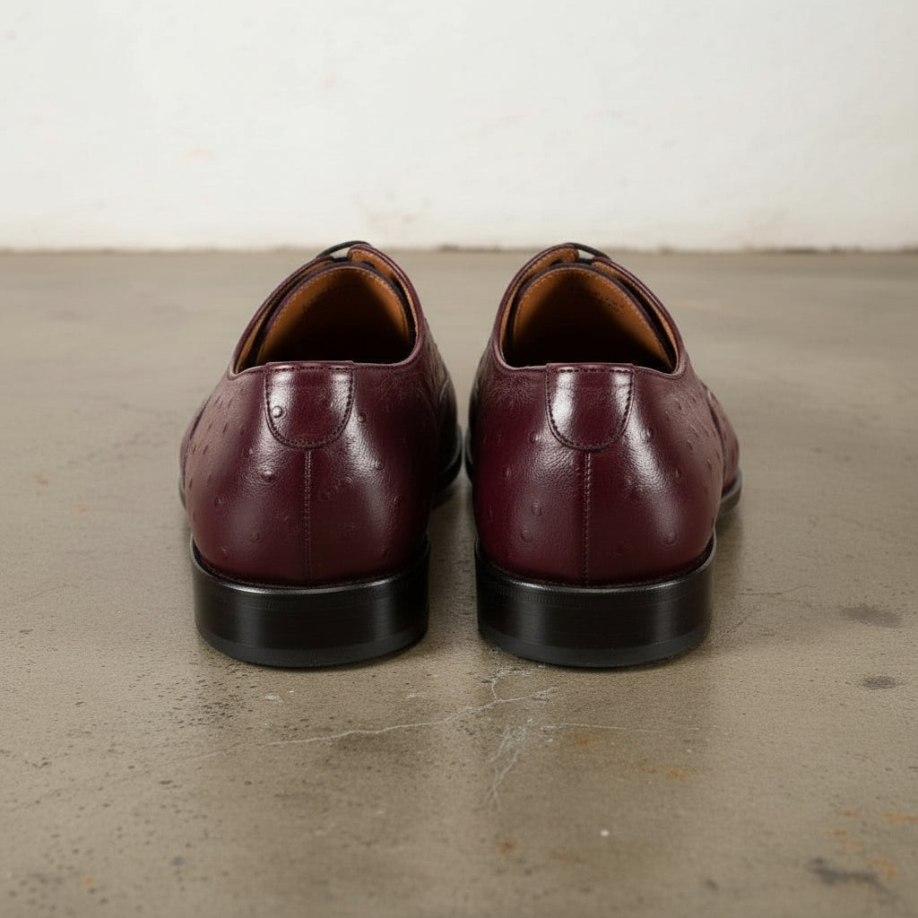 Men's Burgundy Cap-Toe Ostrich-Embossed Leather Oxfords