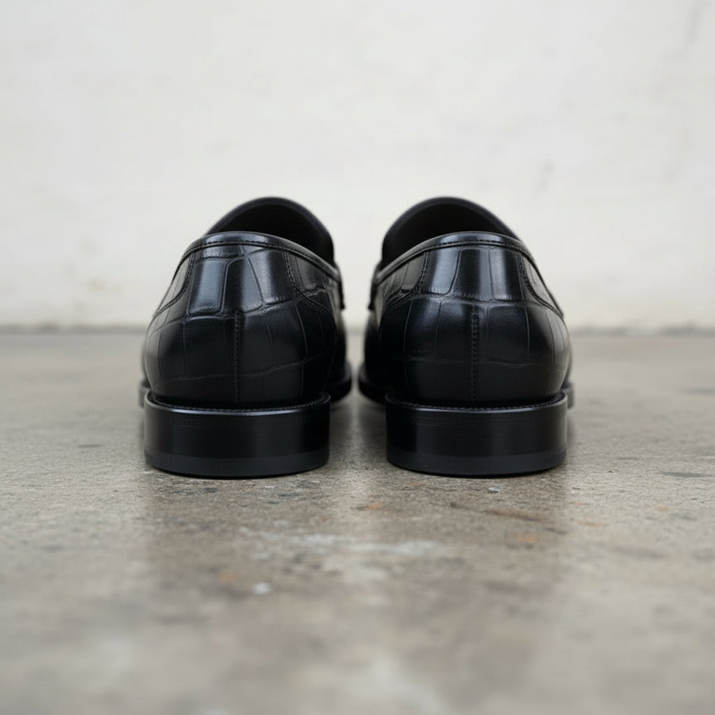 Men's Black Alligator-Embossed Leather Penny Loafers