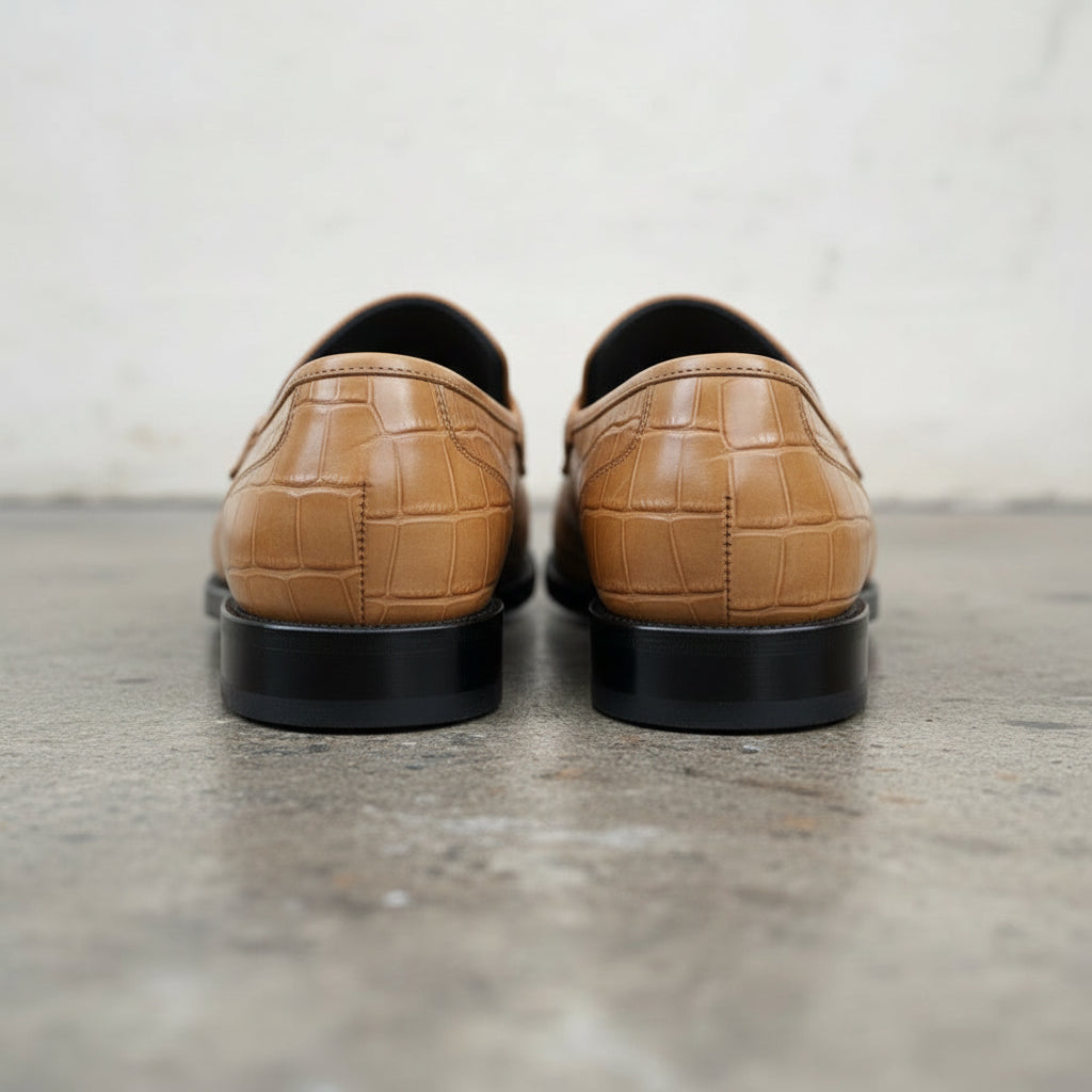 Men's Tan Alligator-Embossed Leather Penny Loafers
