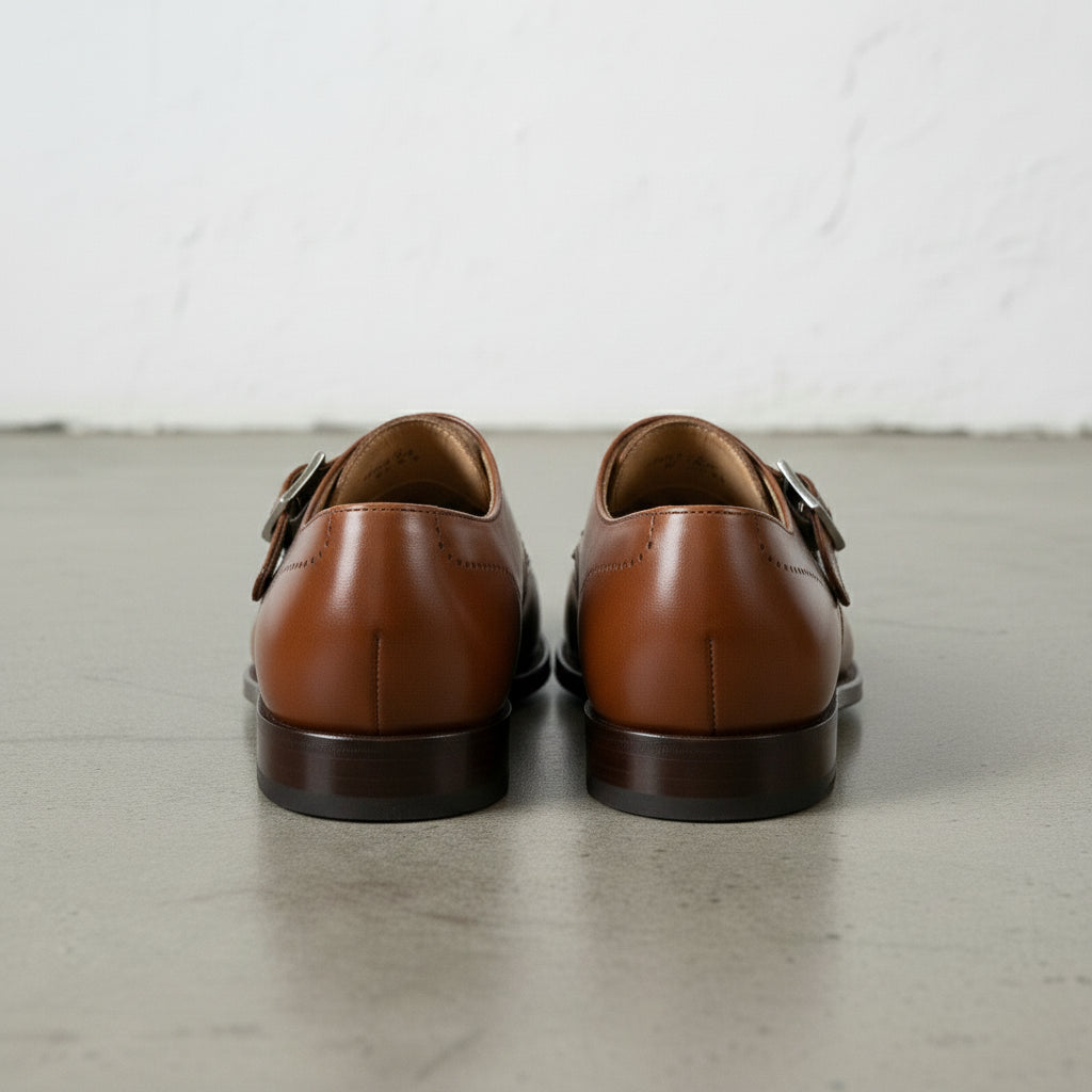 Men's Brown Plain-Toe Leather Monk Strap Shoes