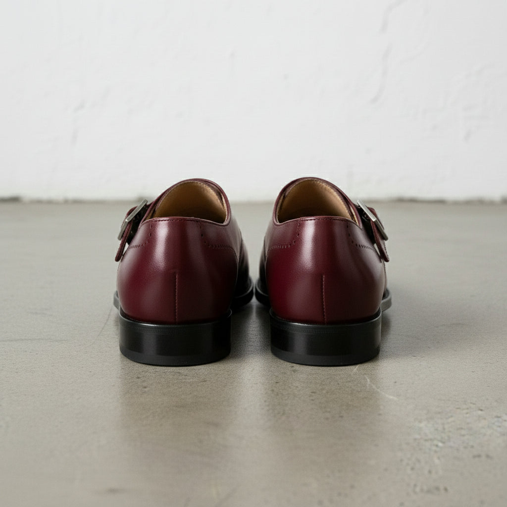 Men's Burgundy Plain-Toe Leather Monk Strap Shoes