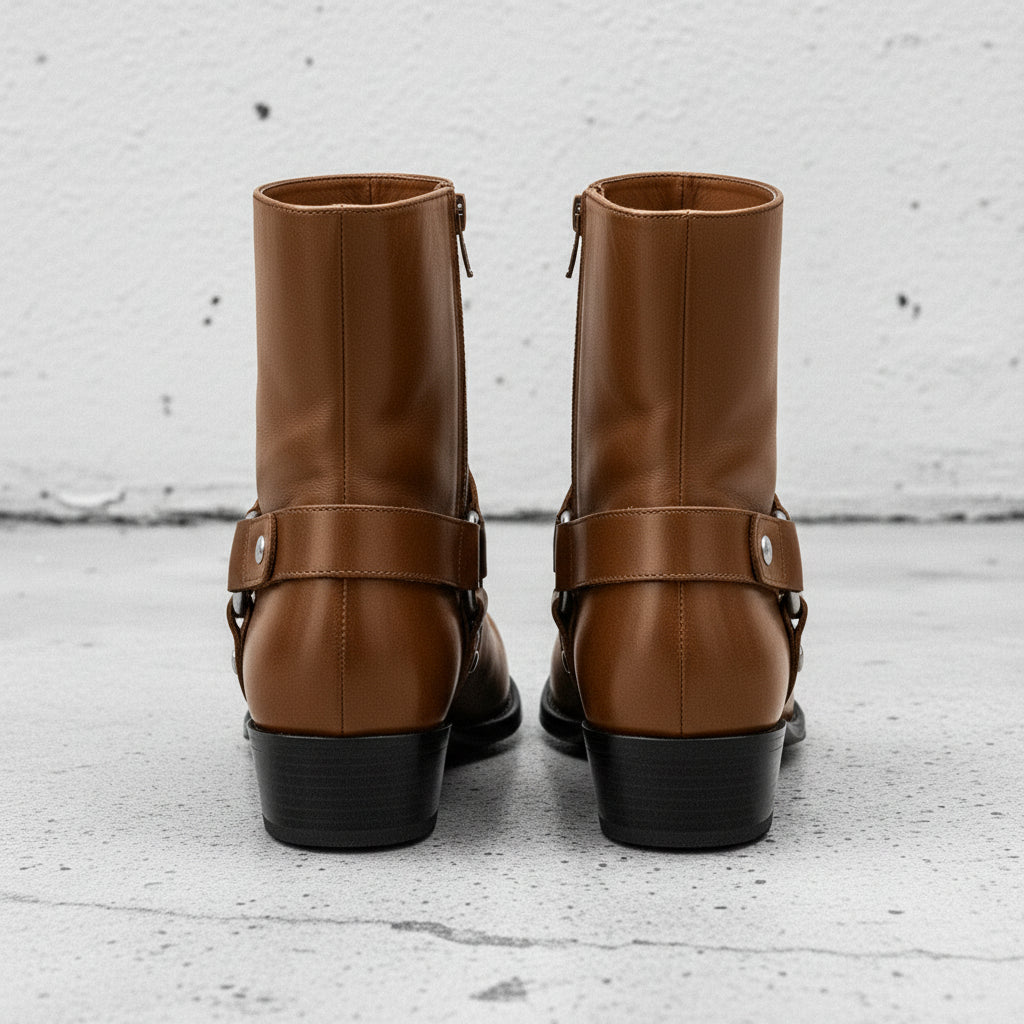 Men's Brown Plain-Toe Leather Biker Boots