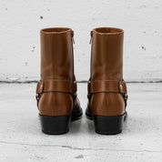 Men's Brown Plain-Toe Leather Biker Boots
